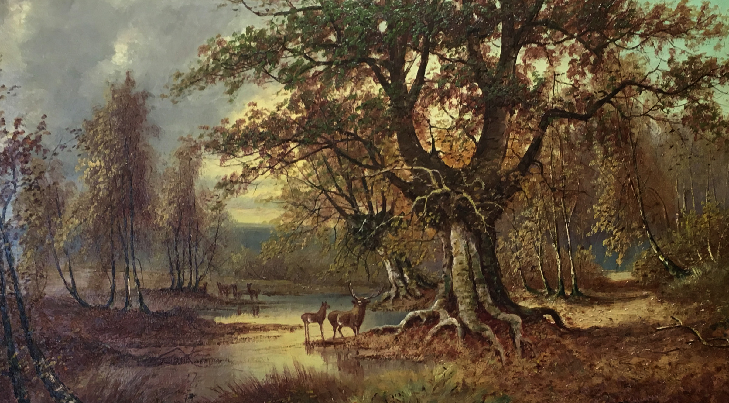 Painting of two deer, a lake, and a beautiful oak tree.  Symbolic of regional Appalachian landowners and our history of protecting trusts and estates from litigation.